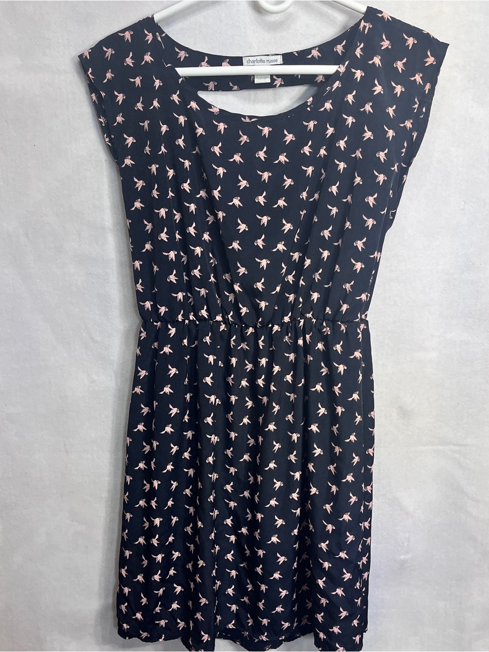 Charlotte Russe Navy Dress with Pink Bird Print large